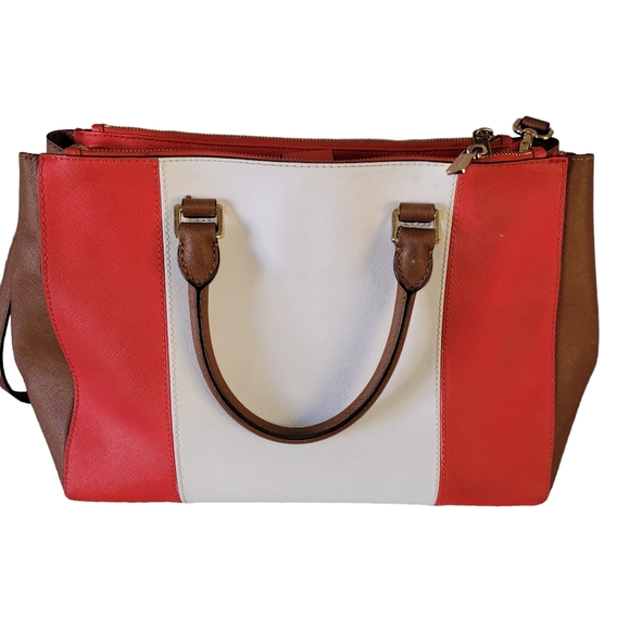 SOLD Authentic Michael Kors Sutton Large Red White Tan Leather Satchel - Picture 2 of 8